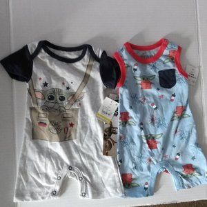 BABY BOYS 2PK STAR WARS MANDALORIAN YODA ROMPER 3-6 MONTHS